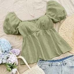 gusaiji fashion Casual Puff Sleeves Self Design Women Dark Green Top-picture-12