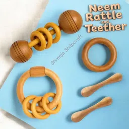 shreeja shilpcraft Natural Neem Wood Rattle and Teether Set – Soothing Toy for Teething Babies Rattle image 2