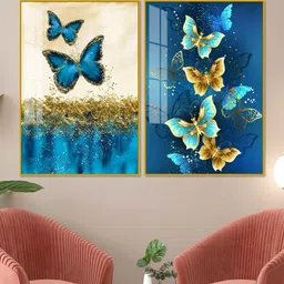 vibecrafts Blue And Golden Butterflies Acrylic Framed Art Panel (Set Of 2) image 1