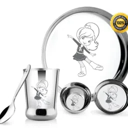 pogon Stainless Steel Kids Thali Set, Round Lunch & Dinner Serving Set for Kids Plate, Glass, Spoon, Bowl Serving Set-picture-14