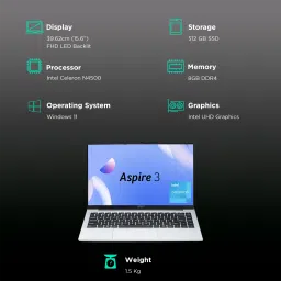 acer Aspire 3 A325-45 Intel Celeron N4500 Thin & Light Laptop (8GB, 512GB SSD, Windows 11 Home, 15.6 inch Full HD LED Backlit Display, Pure Silver, 1.5 KG) image 3