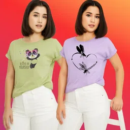 parona Pack of 2 Women Printed Round Neck Polyester Green, Purple T-Shirt image 1