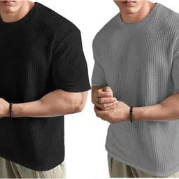 boom baam Pack of 2 Men Self Design Round Neck Polycotton Multicolor T-Shirt-picture-17