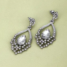 Carlton London Rhodium-Plated Crystal Studded Teardrop Shaped Drop Earrings-picture-20