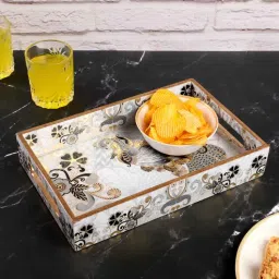 the home co. White Grey & Gold MDF Wood Peacock Rectangle Serving Tray-picture-14