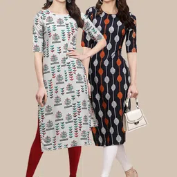 7threads KALINI Women's Crepe Beige & Black Color Printed Handloom Straight Kurta (PACK OF 2) image 1