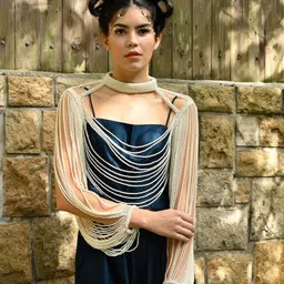 ODETTE Self Design Mandarin Collar Acrylic Crop Beaded Cape Shrug image 2