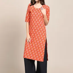 7threads KALINI Women Pack of 2 Orange & Blue Ethnic Motifs Printed Crepe Kurta image 4