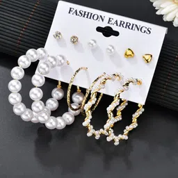yellow chimes Exclusive Designs Combo of 6 Pairs Crystal Pearl Gold Plated Stud Hoop Earrings Set Pearl Alloy Hoop Earring, Stud Earring-picture-11