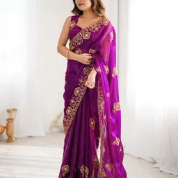satrani Embroidered, Embellished Bollywood Chiffon Saree image 3