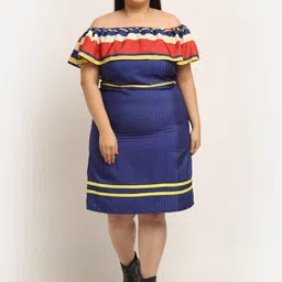 Flambeur Blue Striped Off-Shoulder Crepe Dress-picture-26
