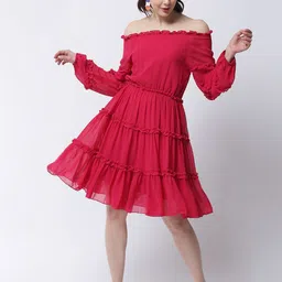 MARC LOUIS Fuchsia Off-Shoulder Crepe Tiered Dress-image-4