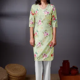 KALINI Floral Printed V-Neck Crepe Straight Kurta-image-27