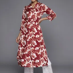 KALINI Women Floral Yoke Design Flared Sleeves Sequinned Crepe Kurta-image-1