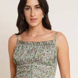U&F Green Floral Print Shoulder Straps Crepe Top-picture-20