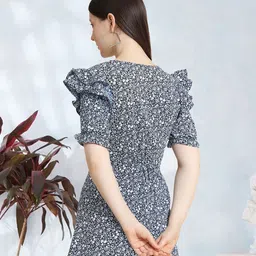 BAESD Floral Printed Round Neck Puff Sleeve Ruffled Cinched Waist Top image 5