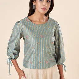 AKKRITI BY PANTALOONS Vertical Stripes Round Neck Puff Sleeve Embroidered Regular Top image 5