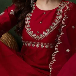 Sangria Zari Embroidered Sequence Red Silk Blend Kurta with Pant and Dupatta Embroidered Anarkali Kurta, Bottom & Dupatta Set image 2