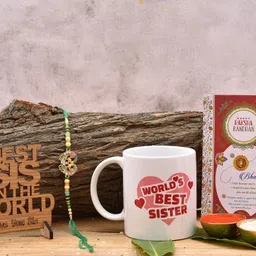 pride store Thread Worlds Best Sister Mug With Rakhi And Wooden Trophy Showpiece Rakhi Gift Set Mauli Thread Rakhi, Chawal Roli Pack, Showpiece, Mug Set image 2