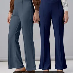 fuback Pack of 2 Women Regular Fit Blue, Grey Lycra Blend Trousers-picture-28