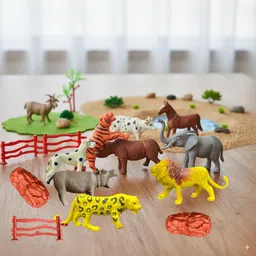 chutti toys Animal Toys for Kids – 17 Pcs Animal set Figures with Fence, Trees & Stones image 3