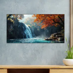nestroots Black Canvas Framed Autumn Serenity Forest Waterfall Escape Wall Painting(24X48 Inch)-picture-19