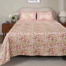 maspar Pink Fruit Print 200 TC Cotton King Size Bed Sheet with 2 Pillow Covers Sensory Bloom Collection image 1
