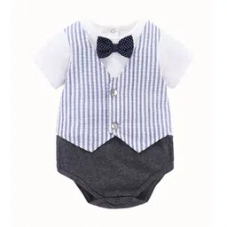 StyleCast Infants Navy Blue Boys Striped Cotton Bodysuit With Bow-picture-41