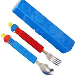 Building Blocks Design Baby Feeding Spoon & Fork with Storage Box for Kids Plastic, Stainless Steel Cutlery Set-image-29