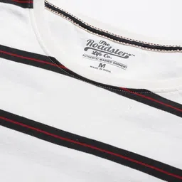 roadster Men Striped Round Neck Pure Cotton White T-Shirt image 2