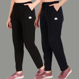 gaa Pack of 2 Women Solid, Printed Black, Dark Blue Track Pants image 1