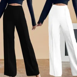 lecowar Women Regular Fit Black, White Polyester Trousers-picture-12