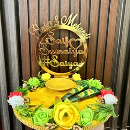 creative horizon Artificial Flower Haldi and Mehendi Platter With Name and Date Wood, Plastic Decorative Platter image 5