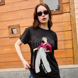 bewakoof Women Printed Round Neck Pure Cotton Black T-Shirt-picture-32