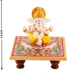 earth joy Floral Painted Designer Marble Chowki With Lord Ganesha Marble Pooja Chowki Marble Pooja Chowki image 2
