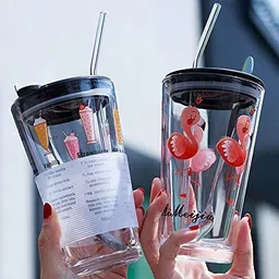 glasscart (Pack of 2) Printed Juice cup Glass mug Set Kids Milk Glass cup with Straw Coffee mug Glass Set Water/Juice Glass image 5