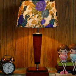 Demis White & Blue Fabric Shade Night Lamp With Wood Base By BrightDaisy image 1