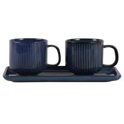 miah decor Blue Ceramic 310ml Handcrafted 3pc Coffee Mugs with Tray image 5