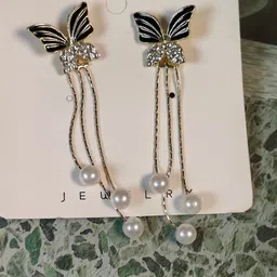 saugaat craft Butterfly Pearl Hanging Tassels Stylish Silver Earrings for Women and Girls Pearl Crystal, Metal, Silver Drops & Danglers image 3