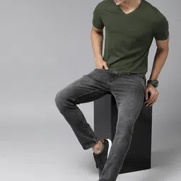 roadster Men Solid V Neck Pure Cotton Dark Green T-Shirt image 4