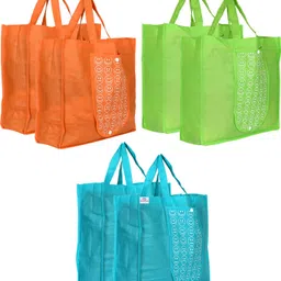 heart home Foldable Reusable Smiley Printed Shopping Bag with One Small Pocket (Set Of 6,Orange & Green & Blue) Pack of 6 Grocery Bags-picture-24