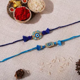 Designer Set Of 2 Evil Eye Silver Rakhi Silver Chawal Roli Pack Set-image-25