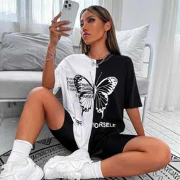 detour Women Printed, Typography Round Neck Cotton Blend Black, Grey T-Shirt-picture-23
