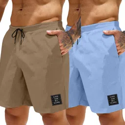 kajaru Pack of 2 Self Design Men Brown, Light Blue Regular Shorts image 4
