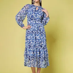 pluss Women Fit and Flare Dark Blue, White Above Knee/Mid Thigh Length Dress-picture-11