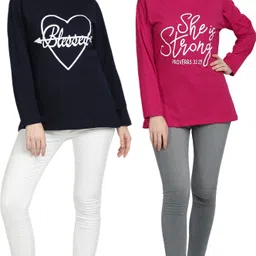 chozi Pack of 2 Women Graphic Print Round Neck Cotton Blend Multicolor T-Shirt image 5