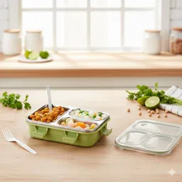 vsell Steel Lunch Box, Leak-Proof Tiffin Box for School & Kids With Spoon & Fork A46 3 Containers Lunch Box image 3