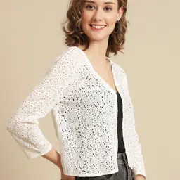 unaone Women Lace 3/4th Sleeve White Shrug image 4