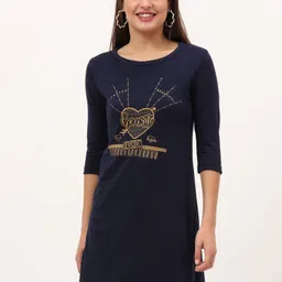 fleximaa Womens 3/4 Printed Women Typography Round Neck Pure Cotton Navy Blue T-Shirt-picture-10