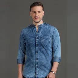 cazzba Men Regular Fit Washed Mandarin Collar Casual Shirt-picture-26